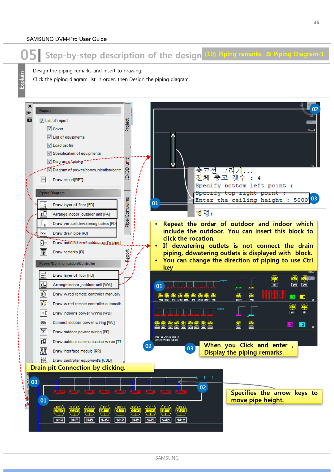 Samsung ND0834HXB1 user manual When you Click and enter, Display the piping remarks 