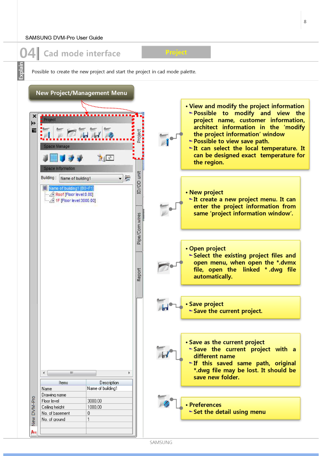 Samsung ND0834HXB1 user manual New Project/Management Menu 