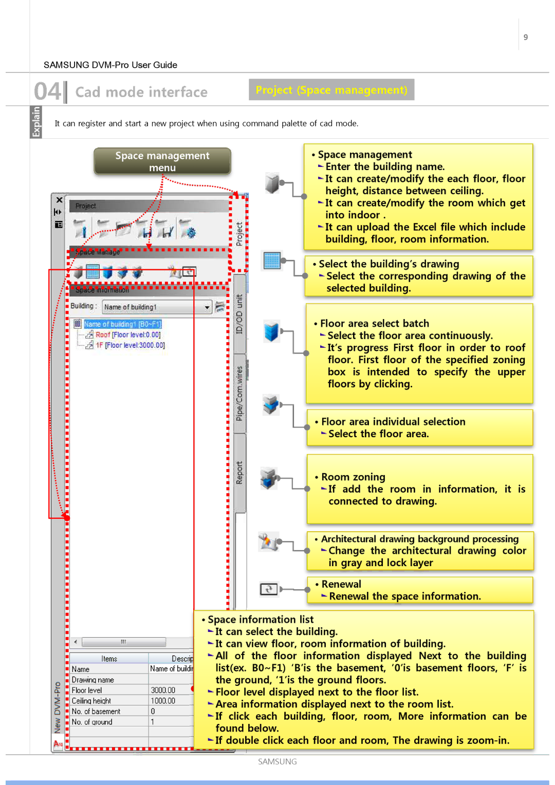 Samsung ND0834HXB1 user manual Project Space management, Space management Menu 