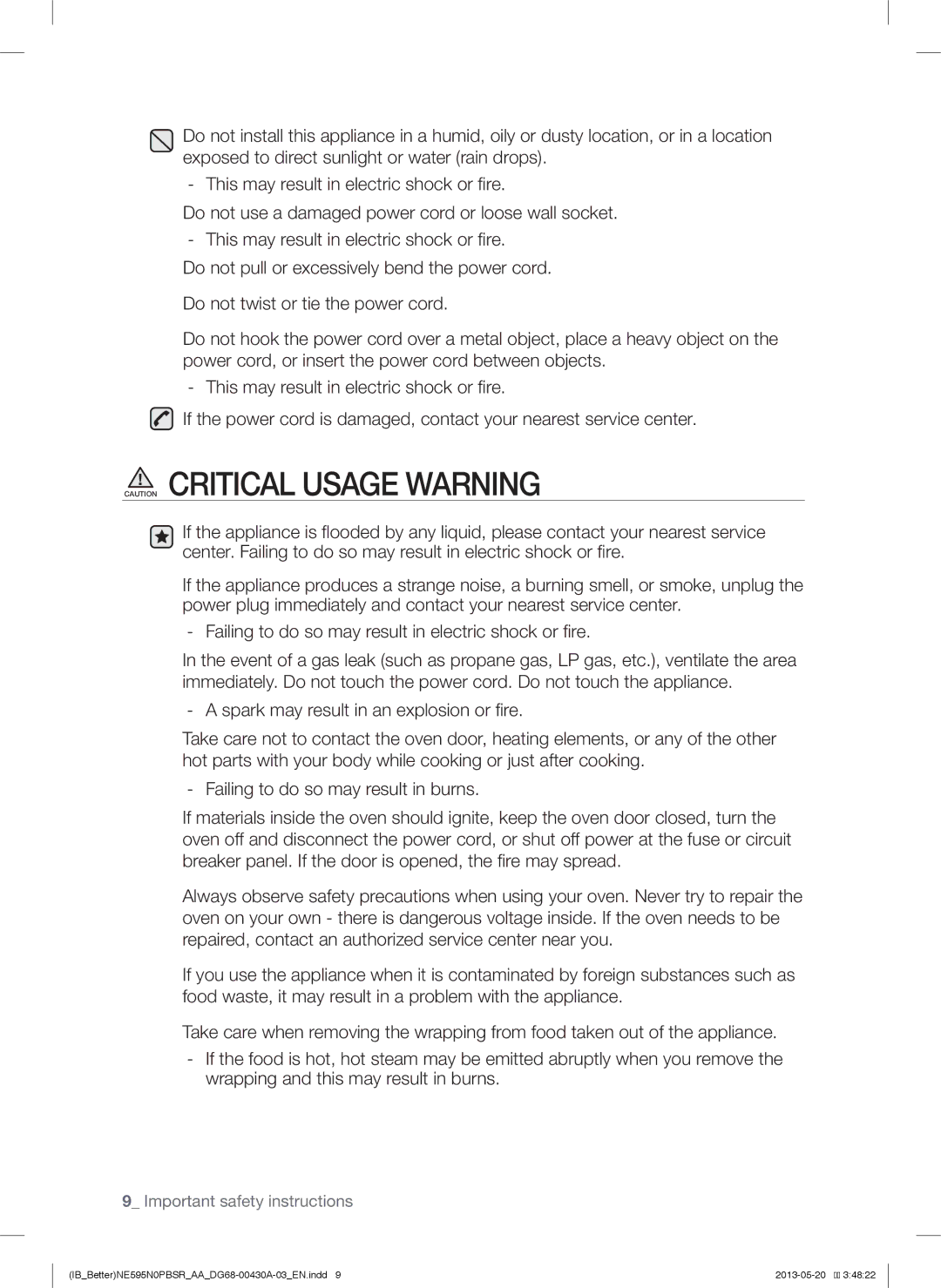 Samsung NE595N0PBSR user manual Important safety instructions 