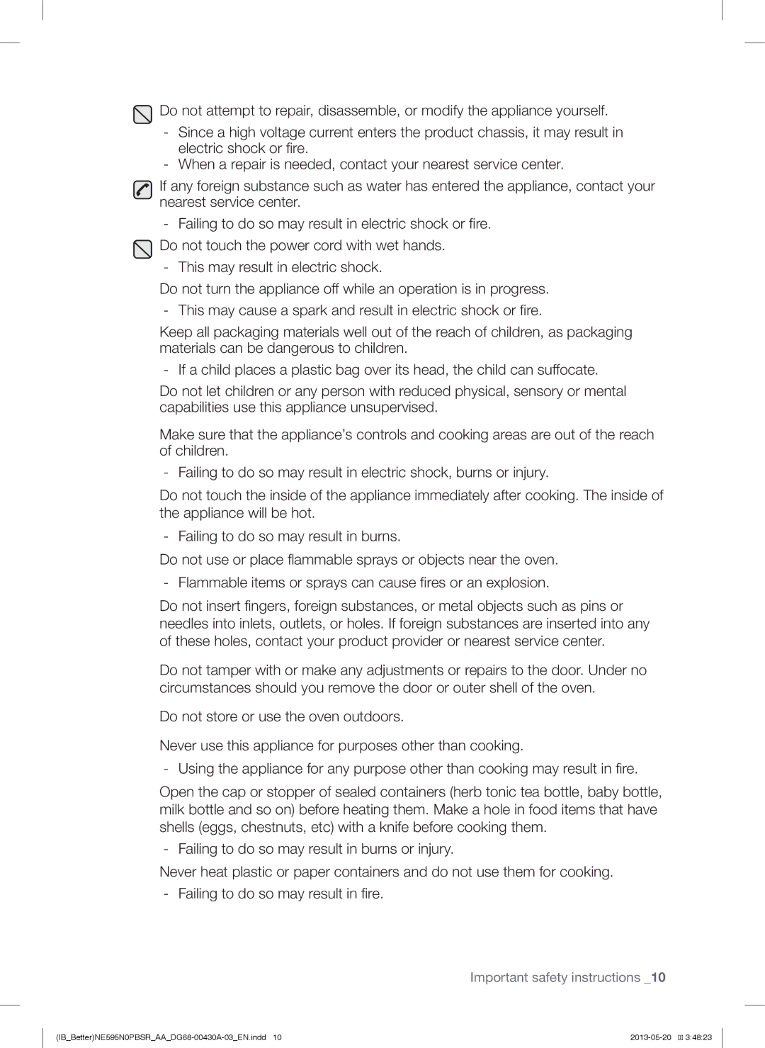 Samsung NE595N0PBSR user manual Important safety instructions 