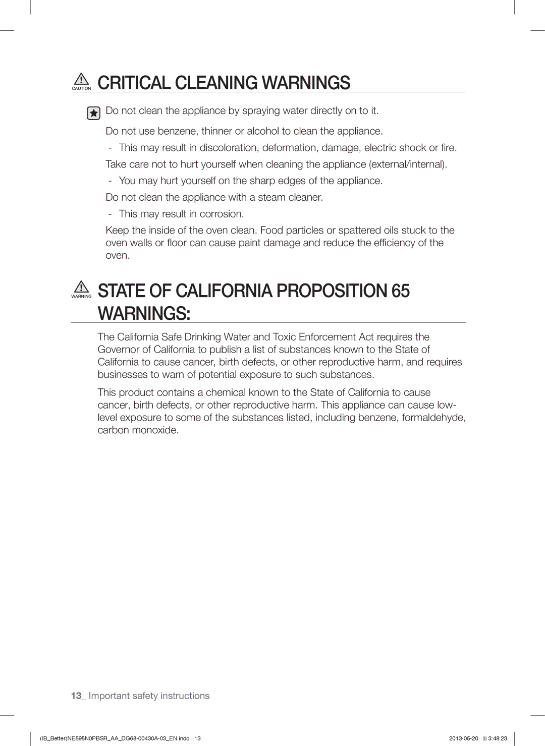 Samsung NE595N0PBSR user manual Important safety instructions 