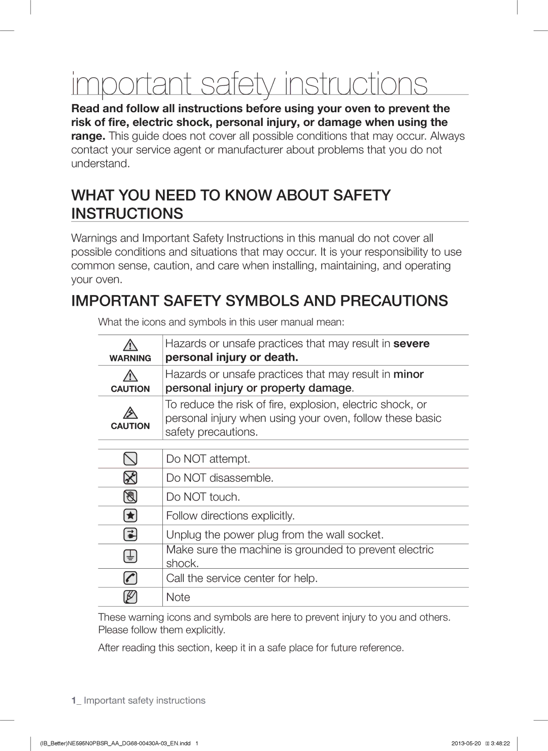 Samsung NE595N0PBSR user manual Important safety instructions 