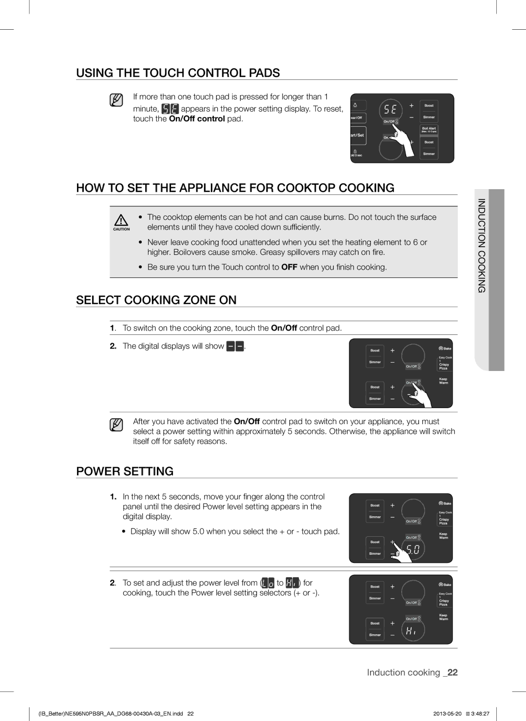 Samsung NE595N0PBSR Using the Touch Control Pads, HOW to SET the Appliance for Cooktop Cooking, Select Cooking Zone on 