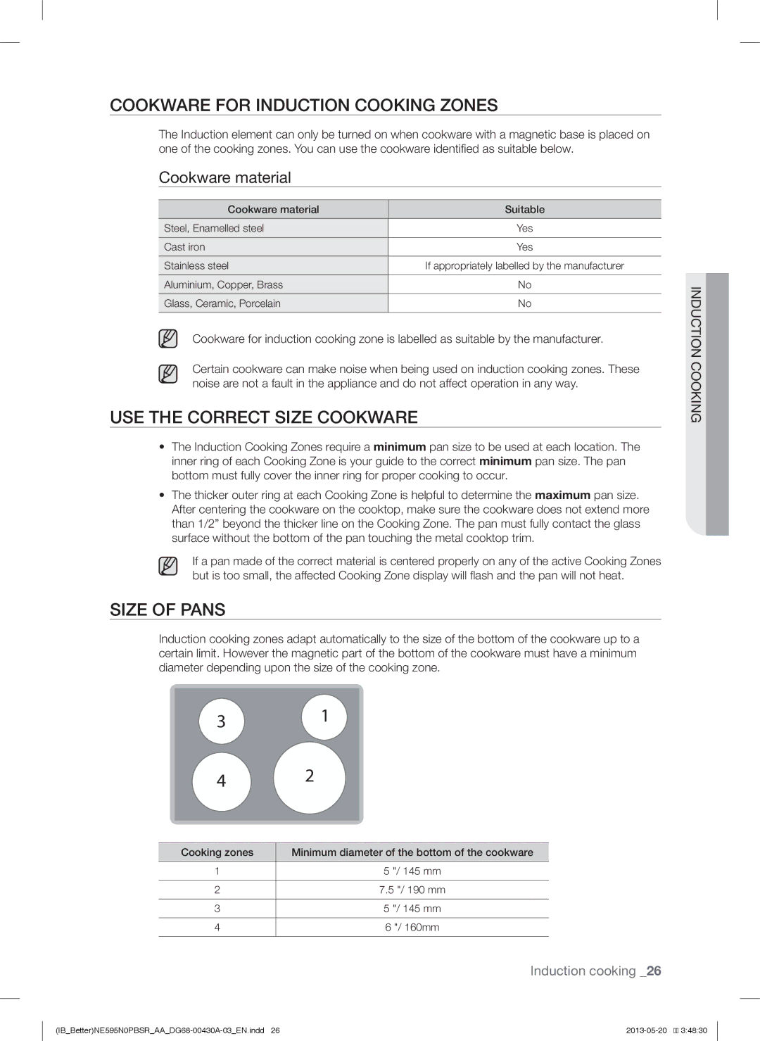 Samsung NE595N0PBSR Cookware for Induction Cooking Zones, USE the Correct Size Cookware, Size of Pans, Cookware material 