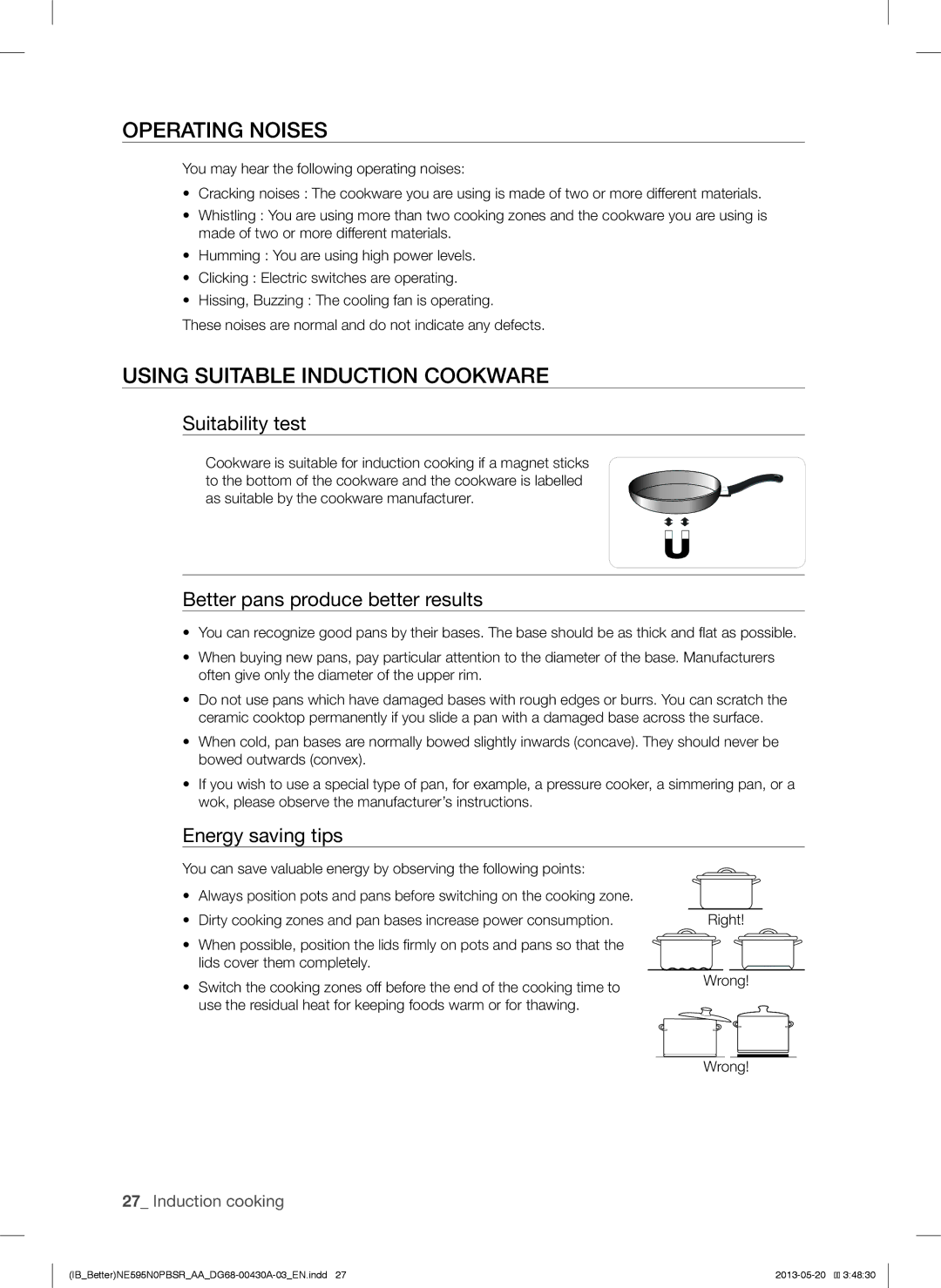 Samsung NE595N0PBSR user manual Operating Noises, Using Suitable Induction Cookware, Suitability test, Energy saving tips 