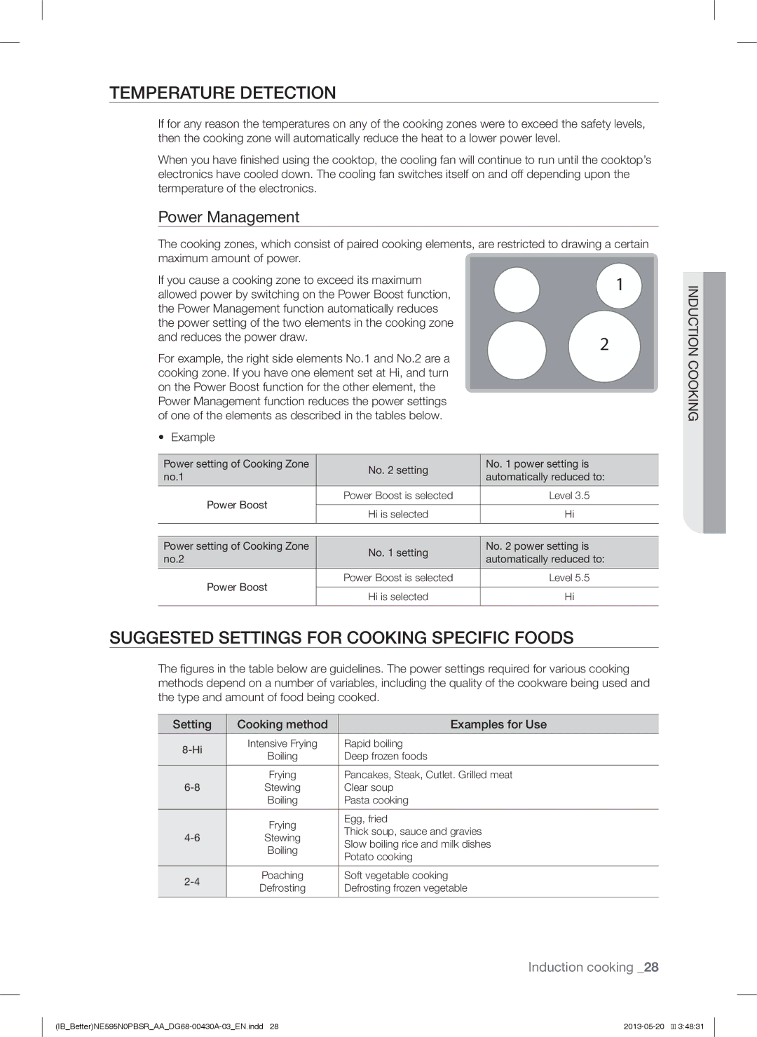 Samsung NE595N0PBSR user manual Temperature Detection, Suggested Settings for Cooking Specific Foods, Power Management 