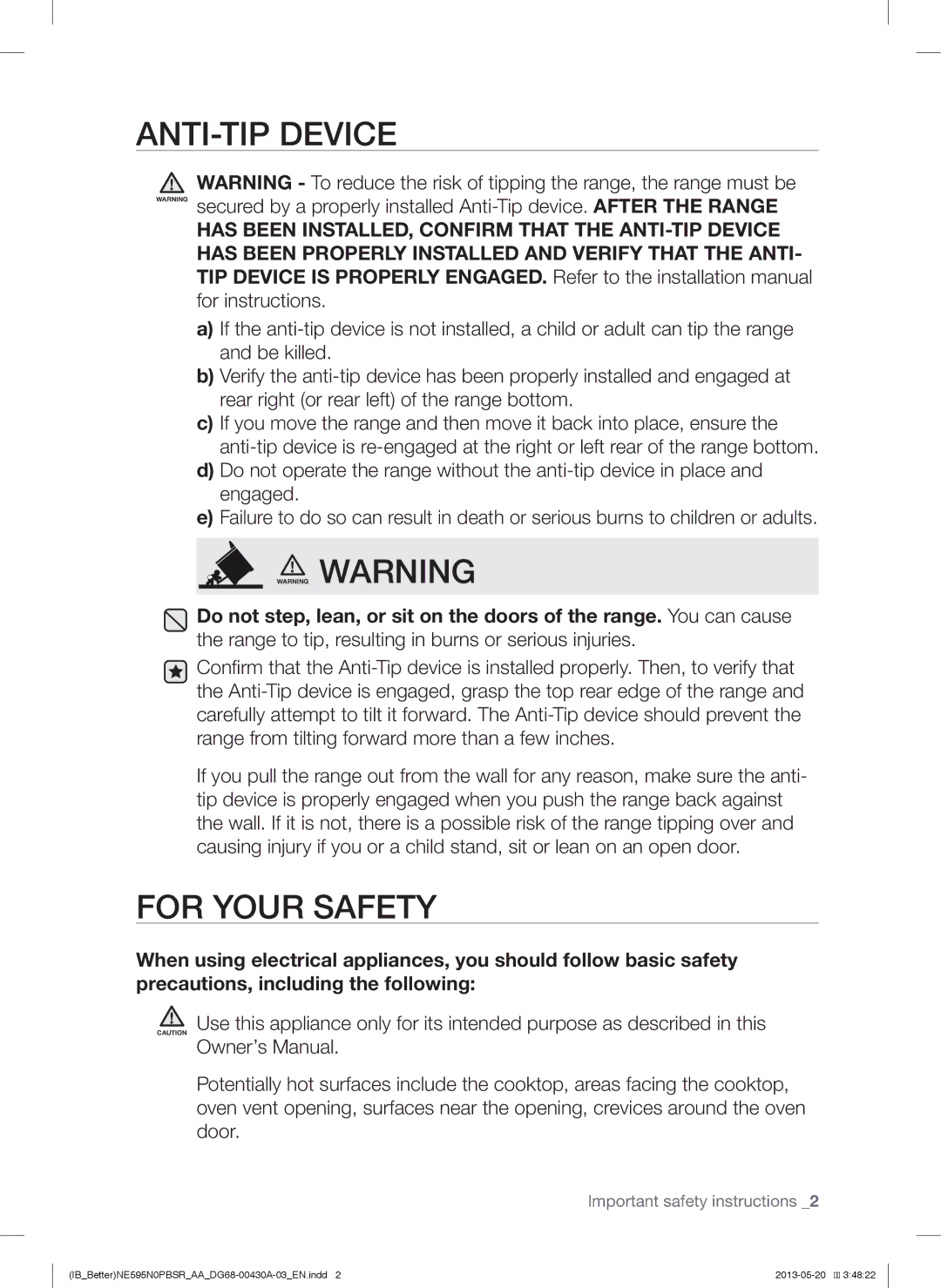 Samsung NE595N0PBSR user manual ANTI-TIP Device 