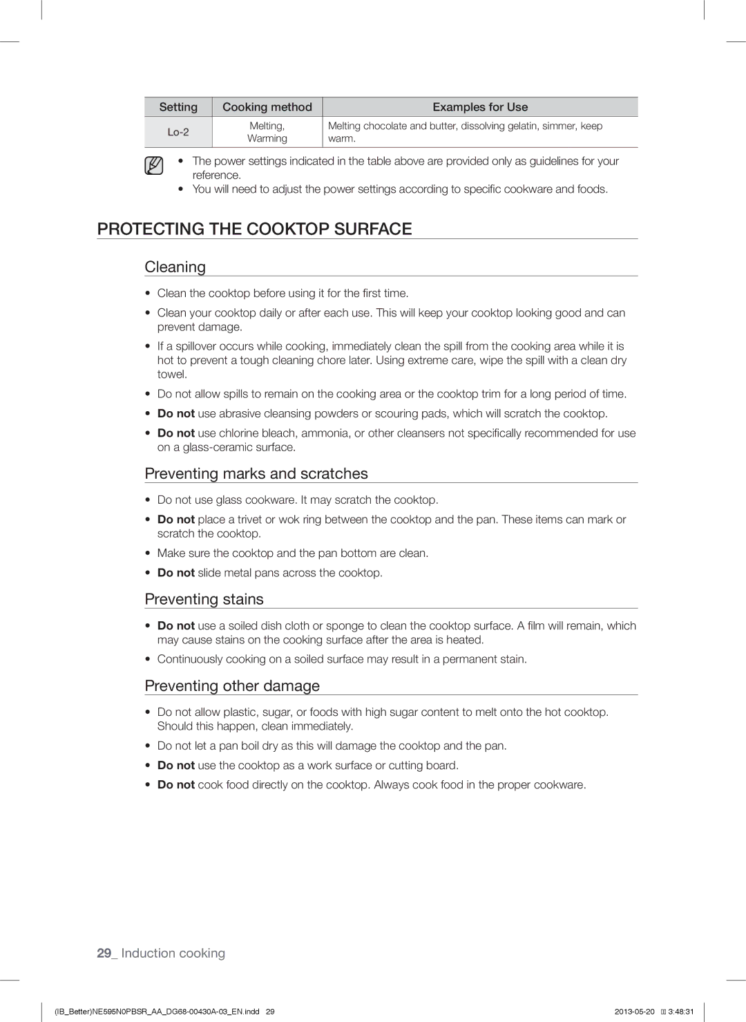 Samsung NE595N0PBSR user manual Protecting the Cooktop Surface, Cleaning, Preventing marks and scratches, Preventing stains 