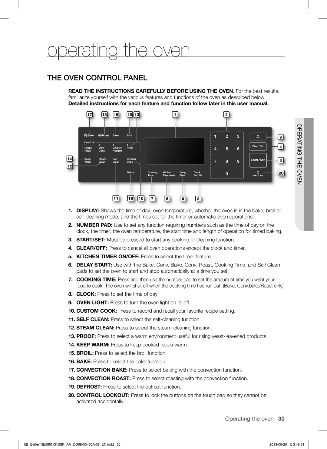 Samsung NE595N0PBSR user manual Operating the oven, Oven Control Panel 