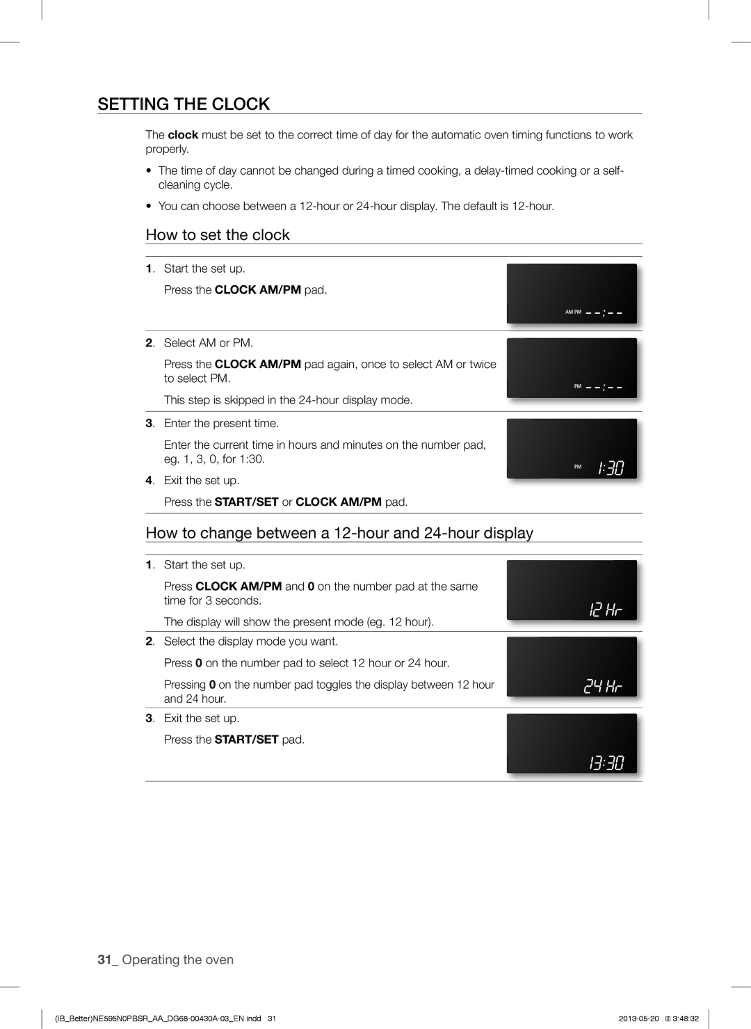 Samsung NE595N0PBSR Setting the Clock, How to set the clock, How to change between a 12-hour and 24-hour display 