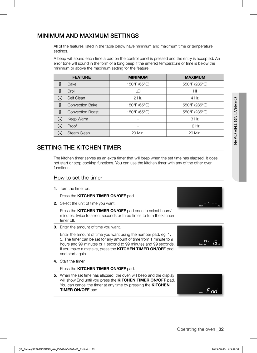 Samsung NE595N0PBSR user manual Minimum and Maximum Settings, Setting the Kitchen Timer, How to set the timer 