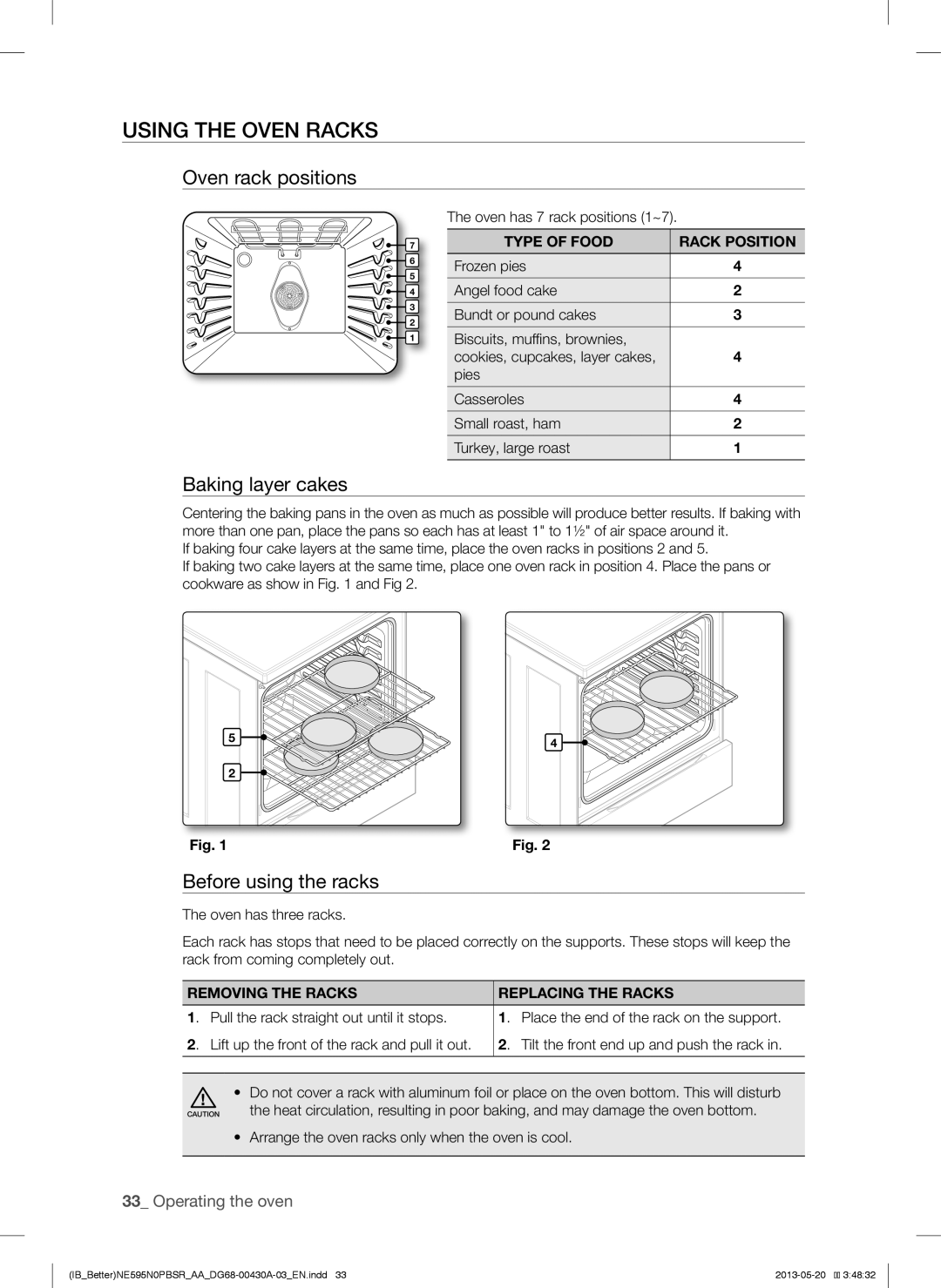 Samsung NE595N0PBSR user manual Using the Oven Racks, Oven rack positions, Baking layer cakes, Before using the racks 