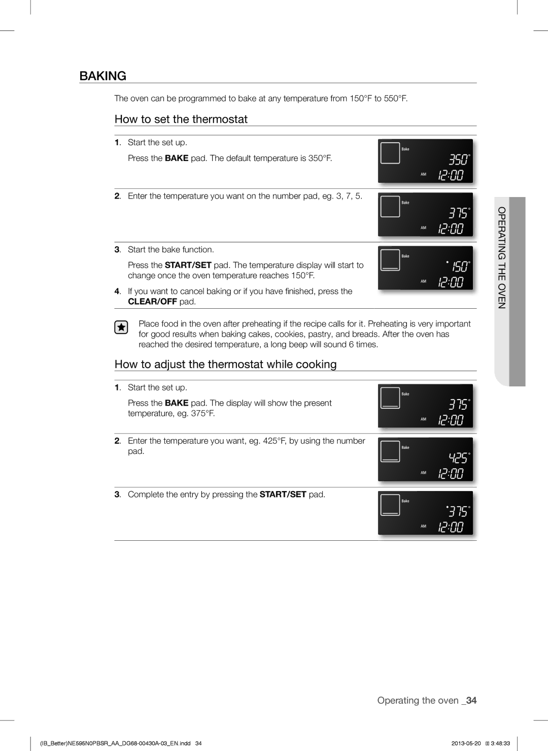 Samsung NE595N0PBSR user manual Baking, How to set the thermostat, How to adjust the thermostat while cooking 