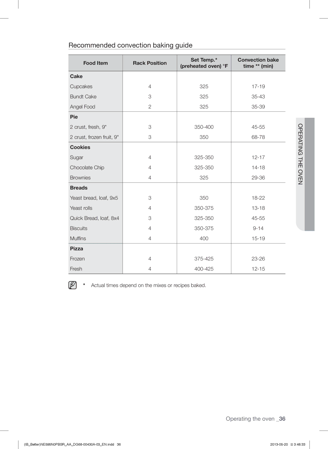 Samsung NE595N0PBSR user manual Recommended convection baking guide, Pie, Cookies, Breads, Pizza 