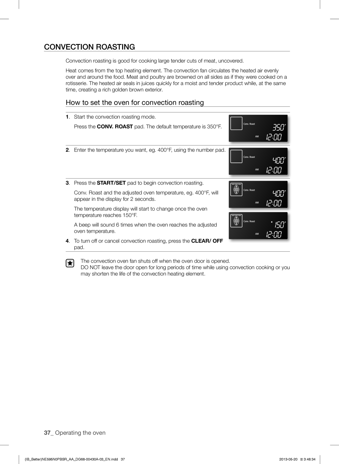 Samsung NE595N0PBSR user manual Convection Roasting, How to set the oven for convection roasting 