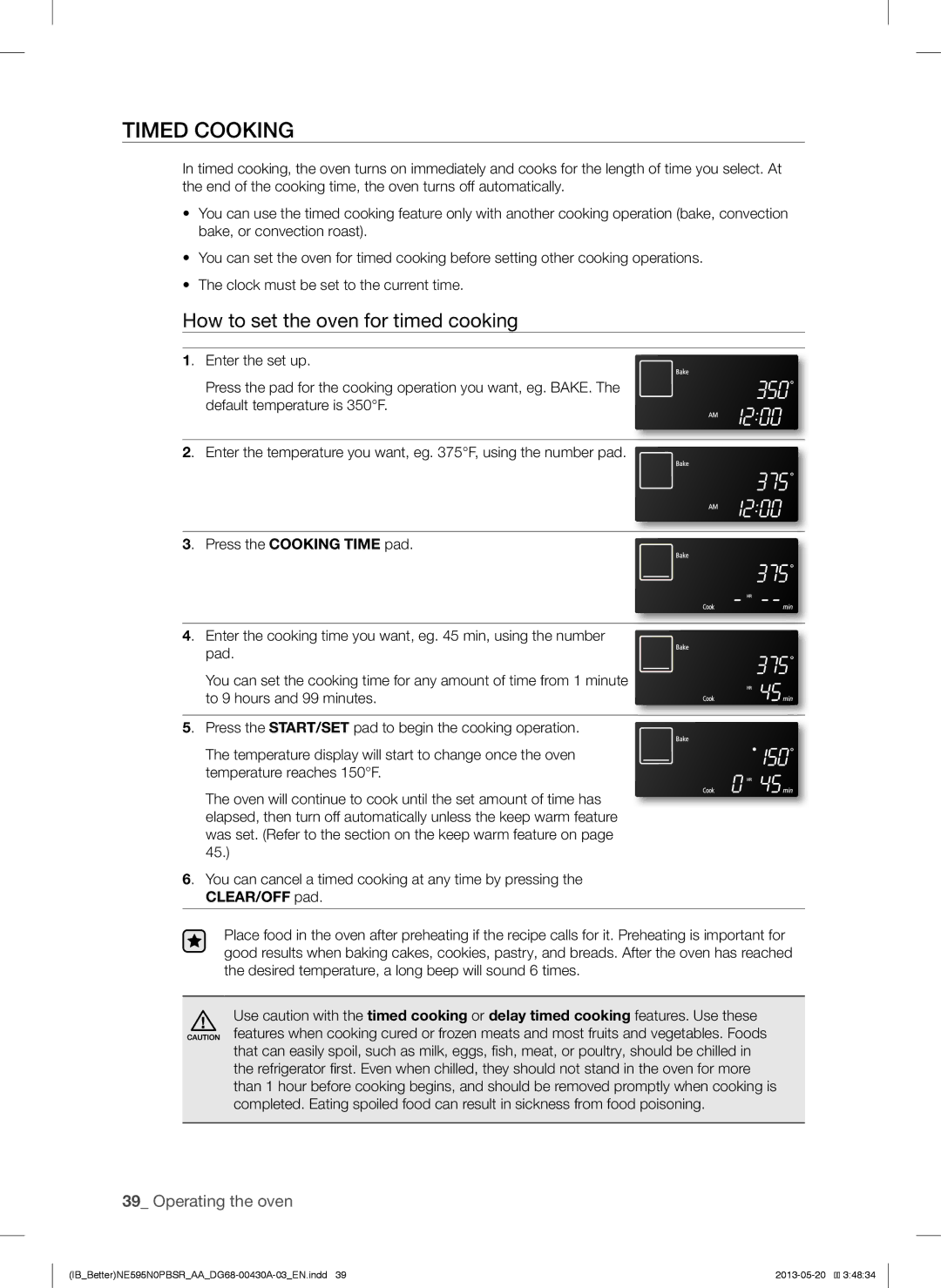 Samsung NE595N0PBSR user manual Timed Cooking, How to set the oven for timed cooking 