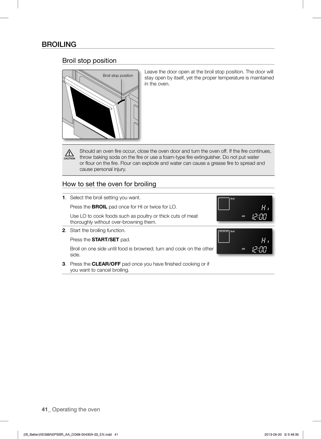 Samsung NE595N0PBSR user manual Broiling, Broil stop position, How to set the oven for broiling 