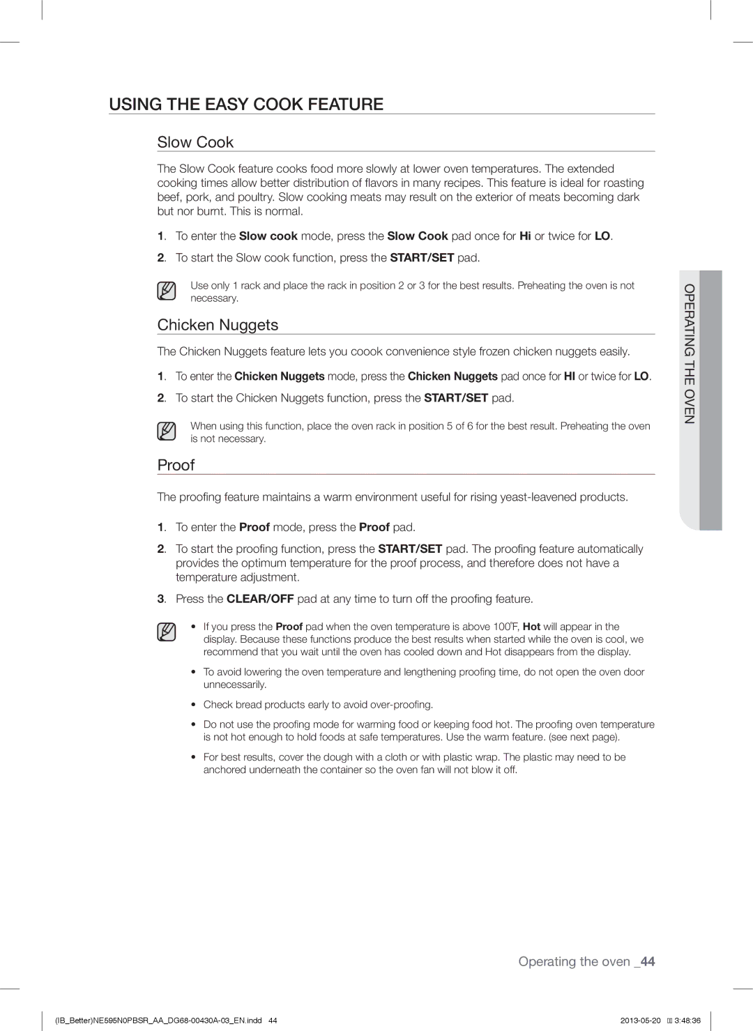 Samsung NE595N0PBSR user manual Using the Easy Cook Feature, Slow Cook, Chicken Nuggets, Proof 