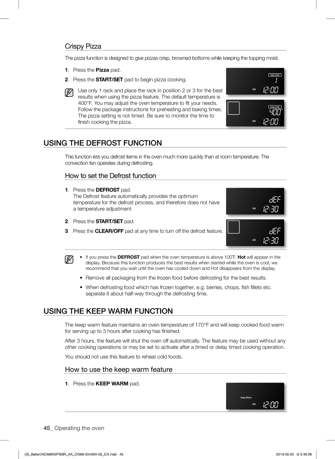 Samsung NE595N0PBSR user manual Using the Defrost Function, Using the Keep Warm Function, Crispy Pizza 