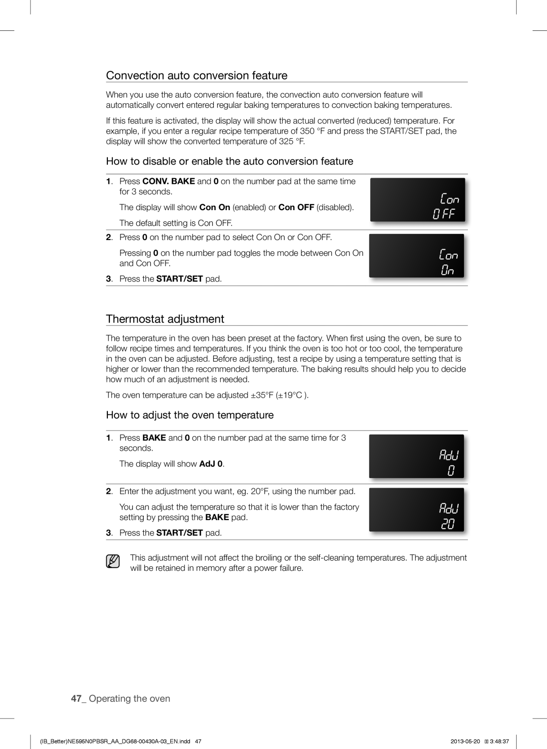 Samsung NE595N0PBSR user manual Convection auto conversion feature, Thermostat adjustment 