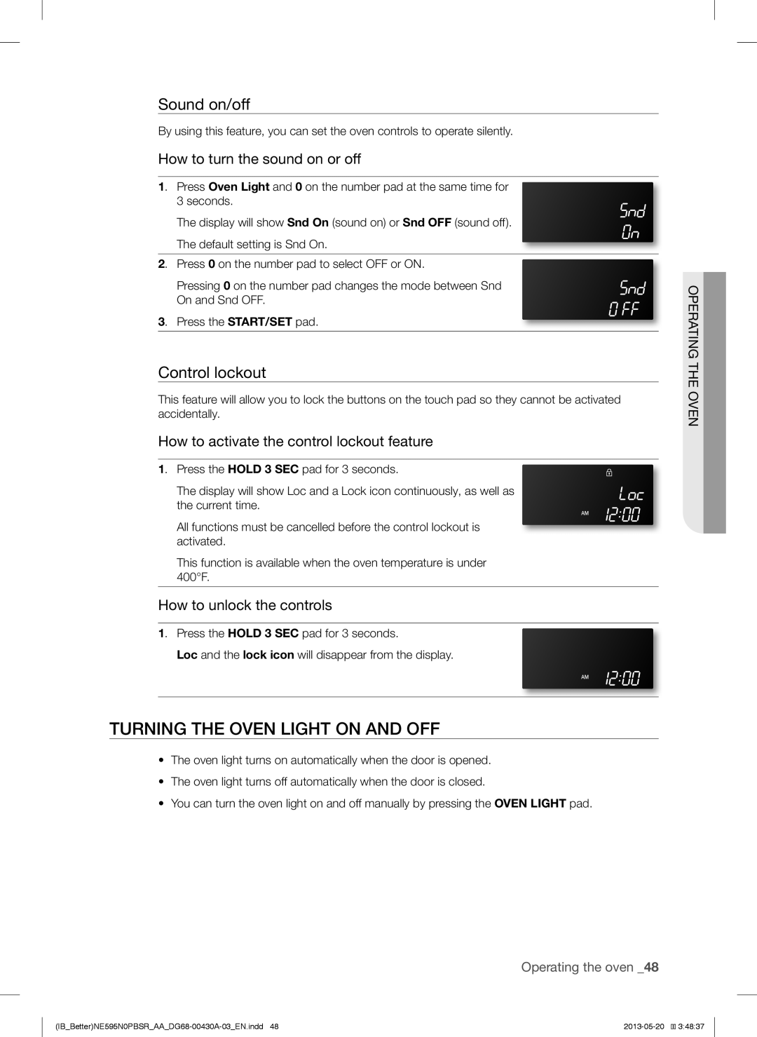 Samsung NE595N0PBSR user manual Turning the Oven Light on and OFF, Sound on/off, Control lockout 