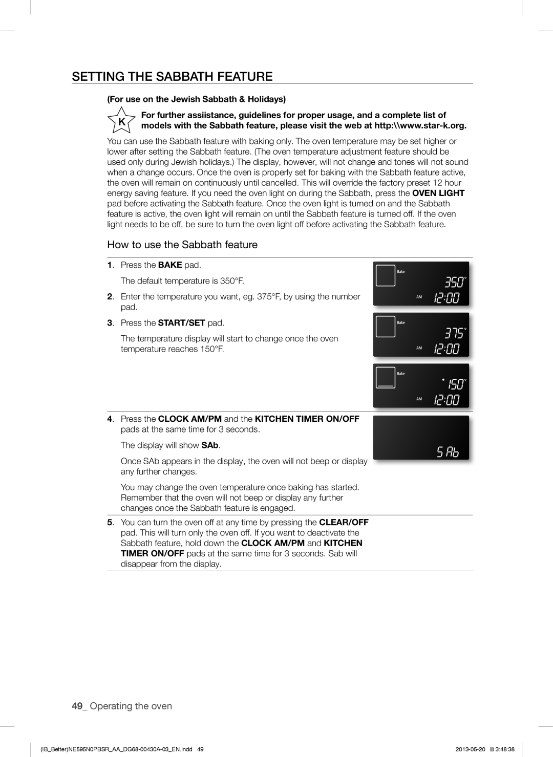 Samsung NE595N0PBSR user manual Setting the Sabbath Feature, How to use the Sabbath feature 