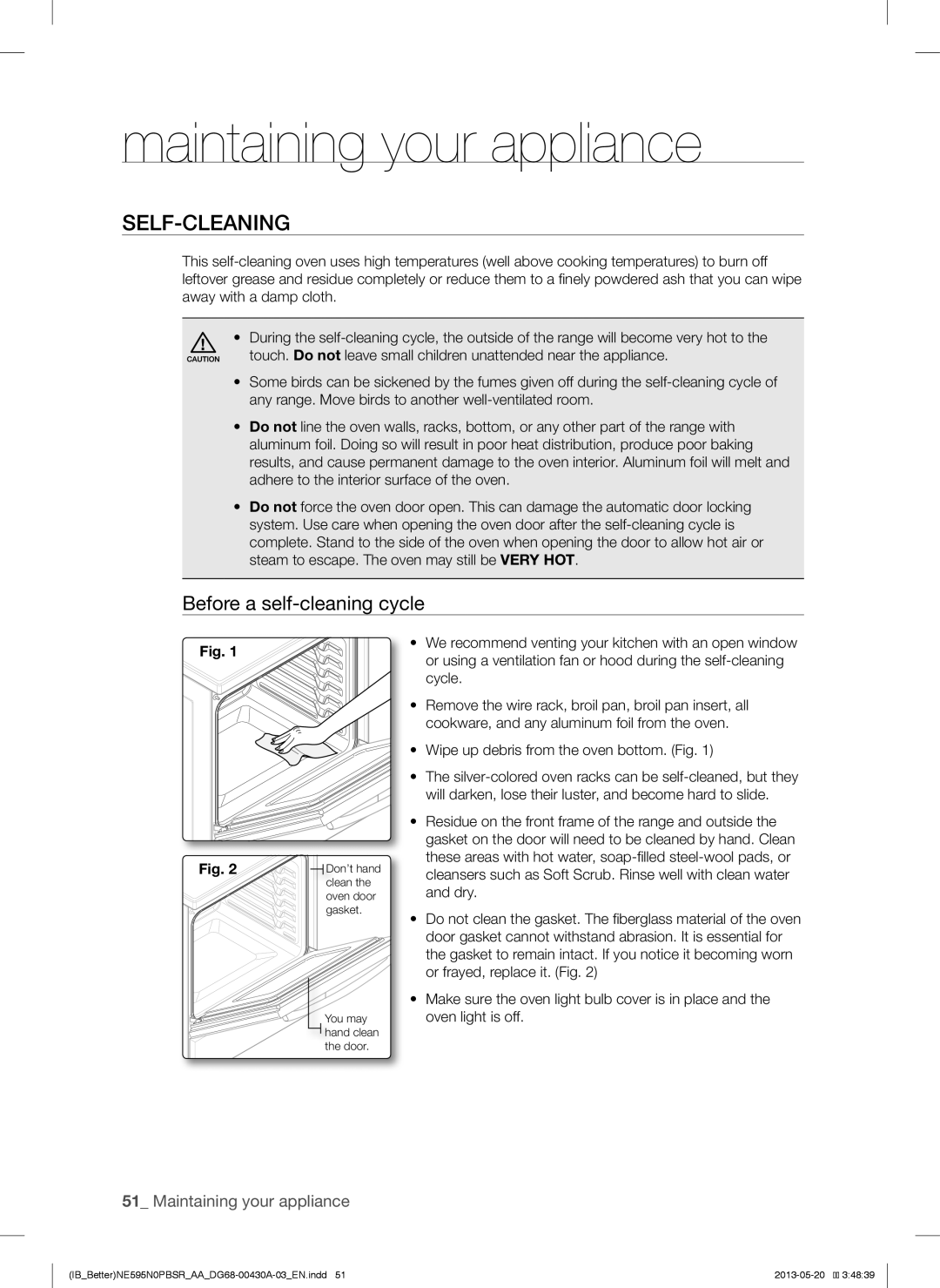 Samsung NE595N0PBSR user manual Maintaining your appliance, Self-Cleaning, Before a self-cleaning cycle 