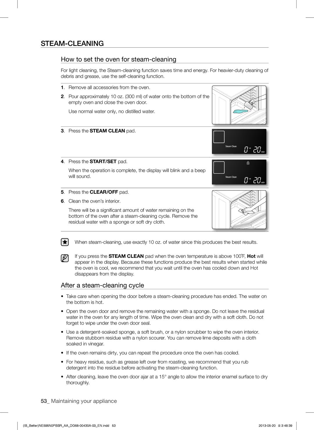 Samsung NE595N0PBSR user manual Steam-Cleaning, How to set the oven for steam-cleaning, After a steam-cleaning cycle 