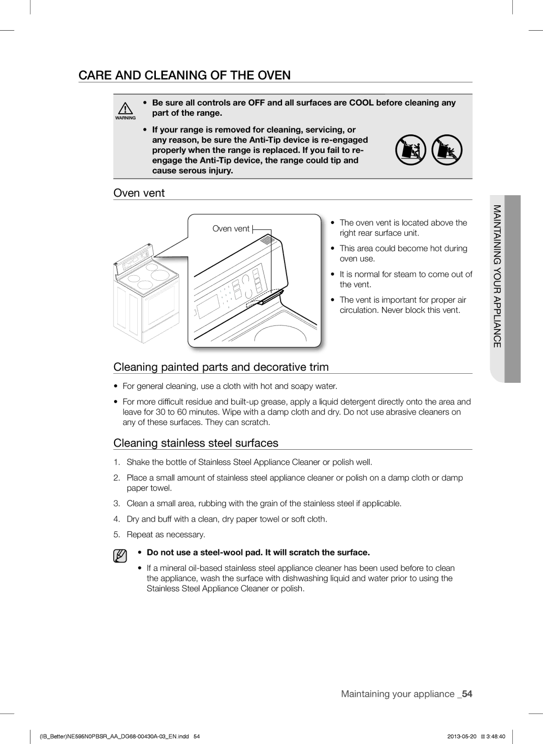 Samsung NE595N0PBSR user manual Care and Cleaning of the Oven, Oven vent, Cleaning painted parts and decorative trim 