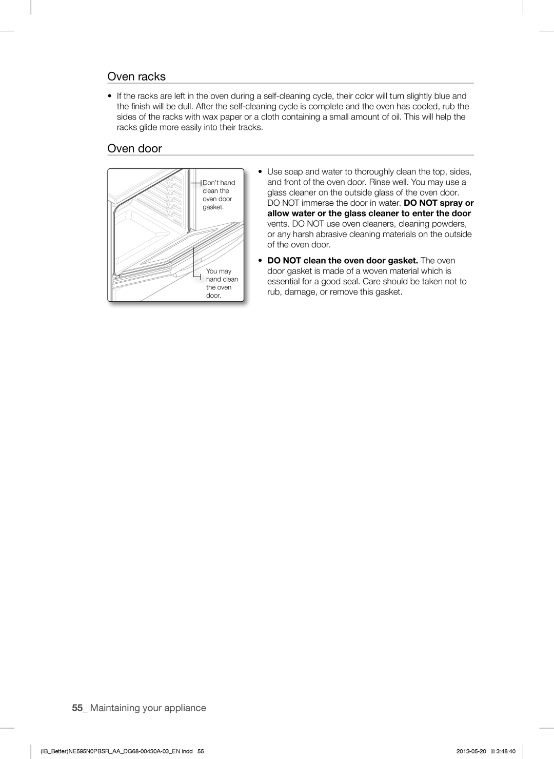 Samsung NE595N0PBSR user manual Oven racks, Oven door 