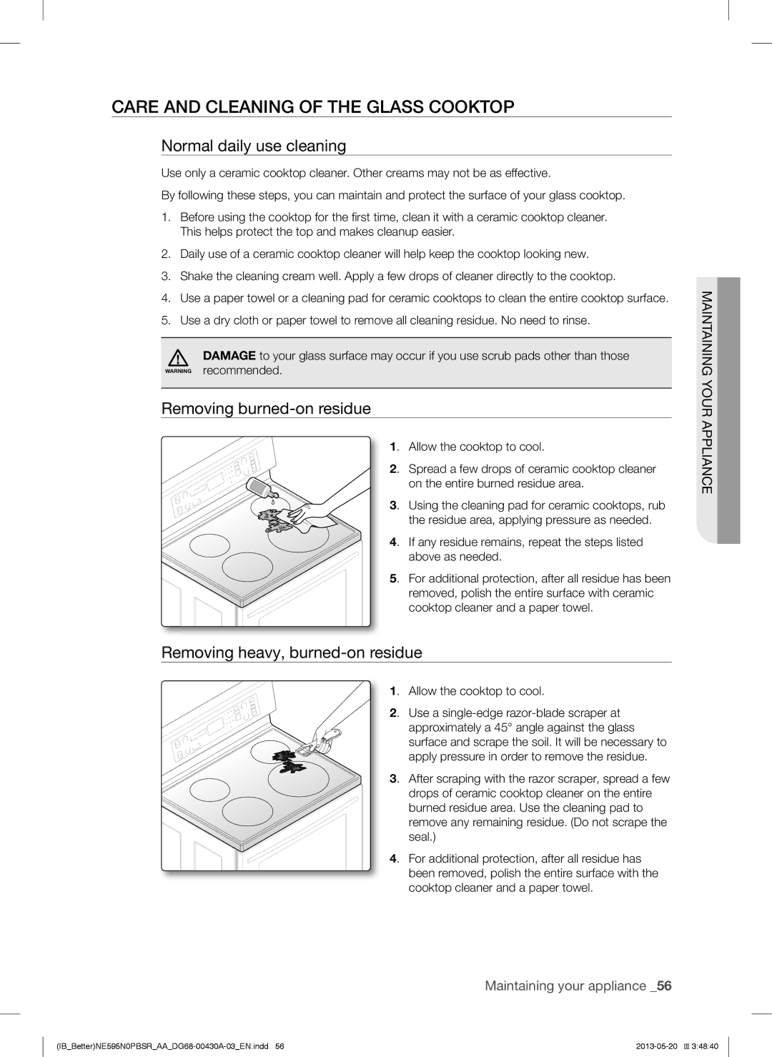 Samsung NE595N0PBSR Care and Cleaning of the Glass Cooktop, Normal daily use cleaning, Removing burned-on residue 