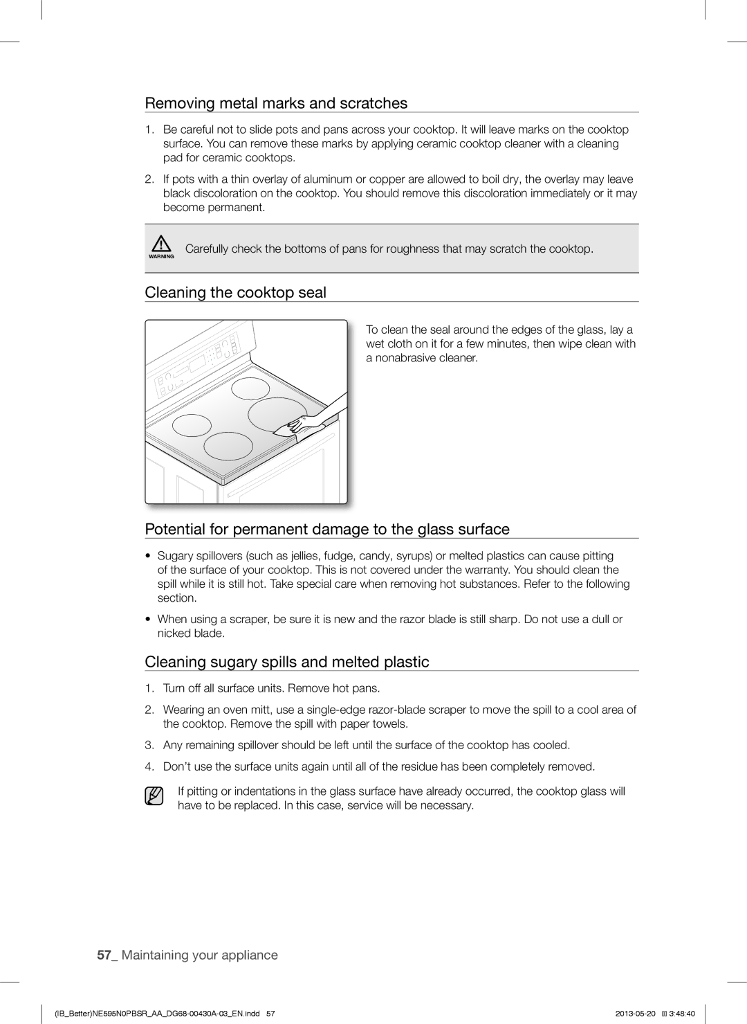 Samsung NE595N0PBSR user manual Removing metal marks and scratches, Cleaning the cooktop seal 