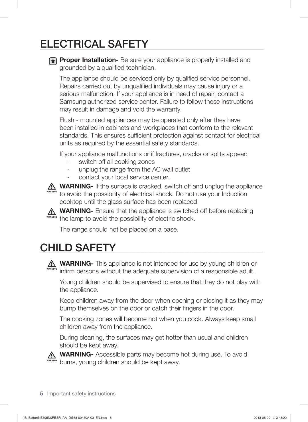 Samsung NE595N0PBSR user manual Electrical Safety 