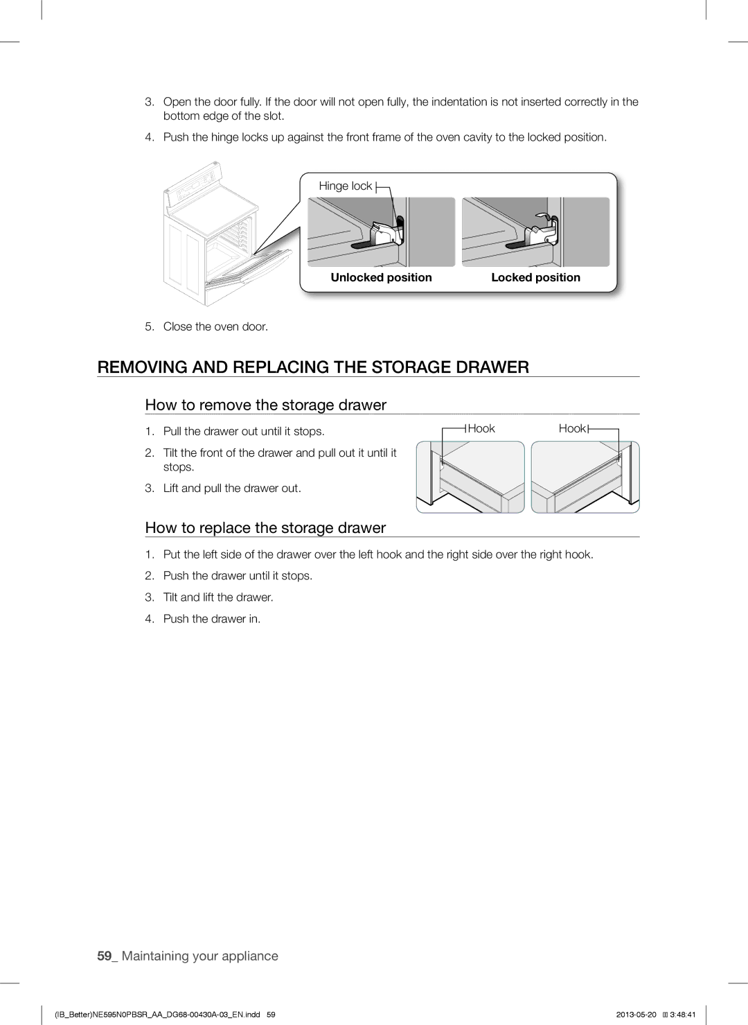 Samsung NE595N0PBSR user manual Removing and Replacing the Storage Drawer, How to remove the storage drawer 