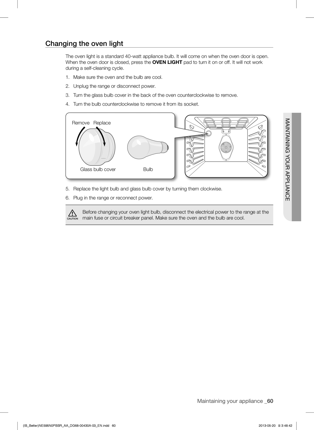 Samsung NE595N0PBSR user manual Changing the oven light 