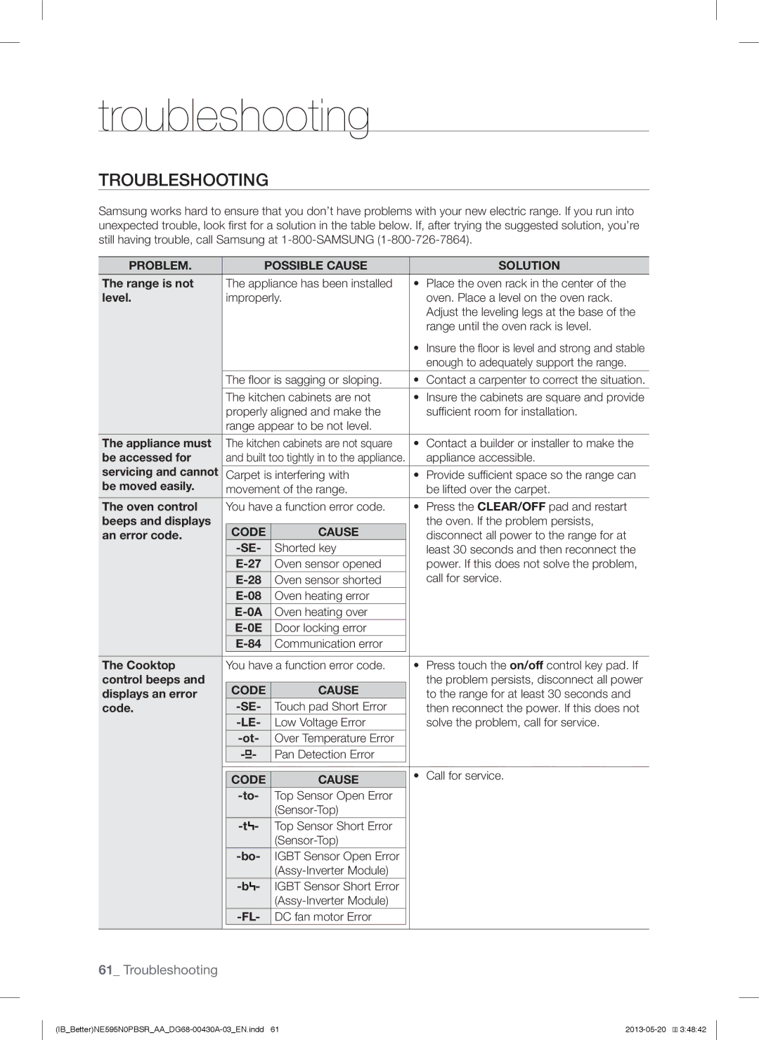 Samsung NE595N0PBSR user manual Troubleshooting 