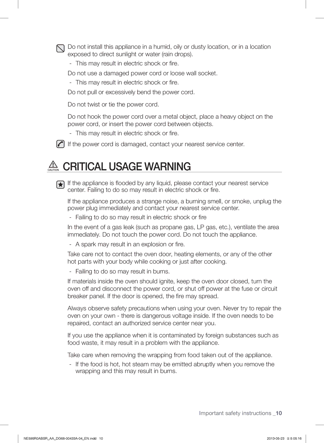 Samsung NE595R0ABBB, NE595R0ABWW, NE595N0PBSRAA, NE595R0ABSRAA user manual Important safety instructions 