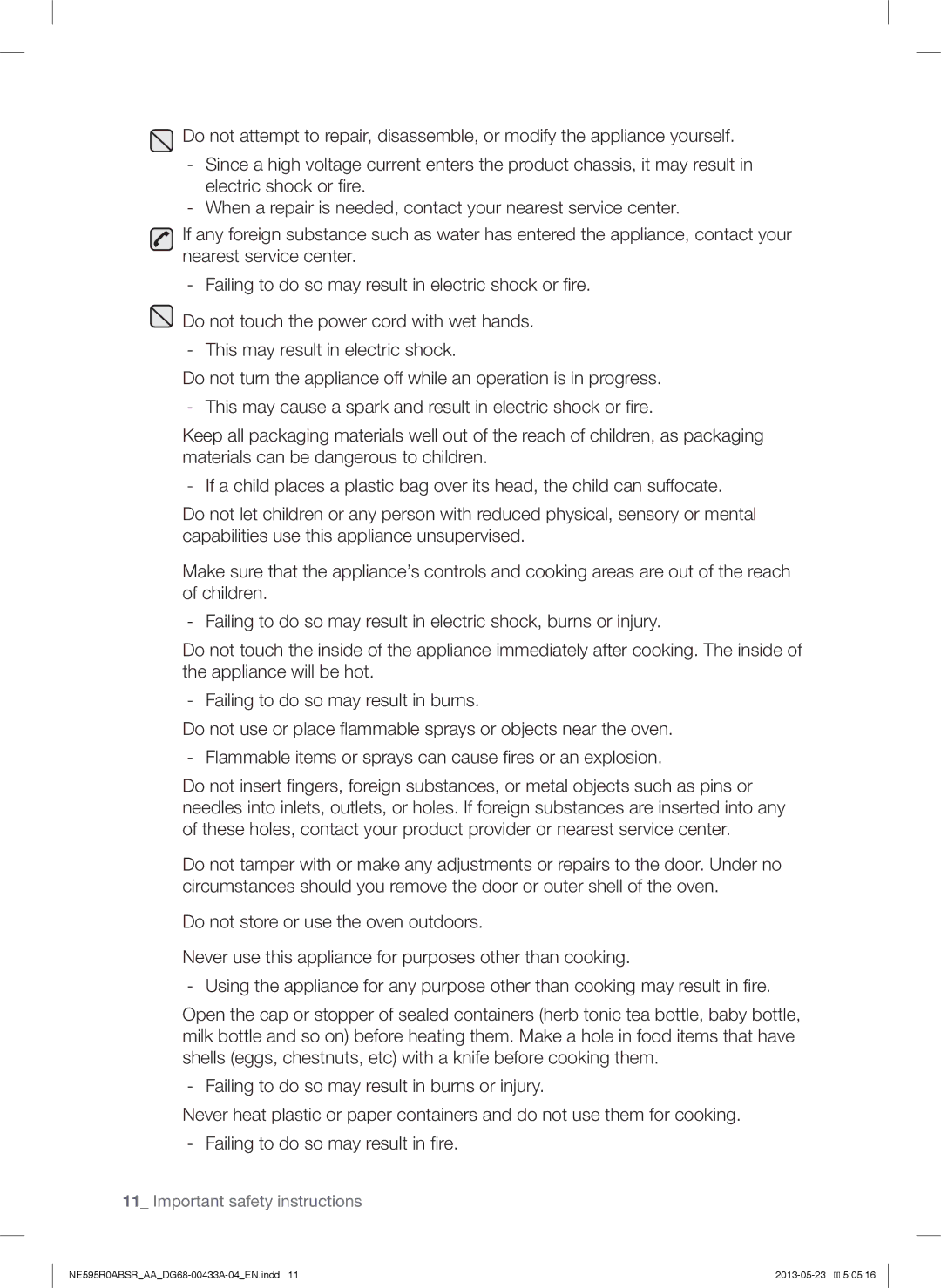 Samsung NE595N0PBSRAA, NE595R0ABWW, NE595R0ABBB, NE595R0ABSRAA user manual Important safety instructions 