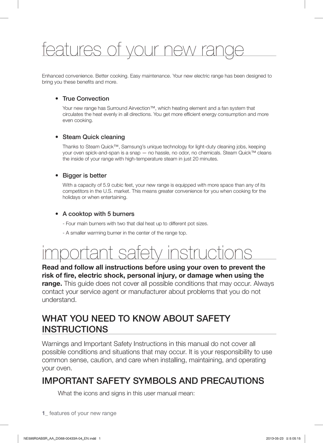 Samsung NE595N0PBSRAA, NE595R0ABWW, NE595R0ABBB, NE595R0ABSRAA Features of your new range, Important safety instructions 