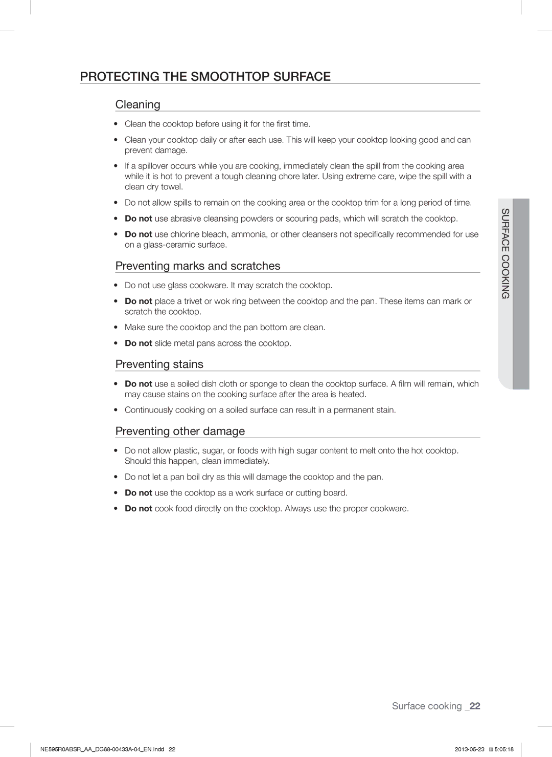 Samsung NE595R0ABSRAA Protecting the Smoothtop Surface, Cleaning, Preventing marks and scratches, Preventing stains 