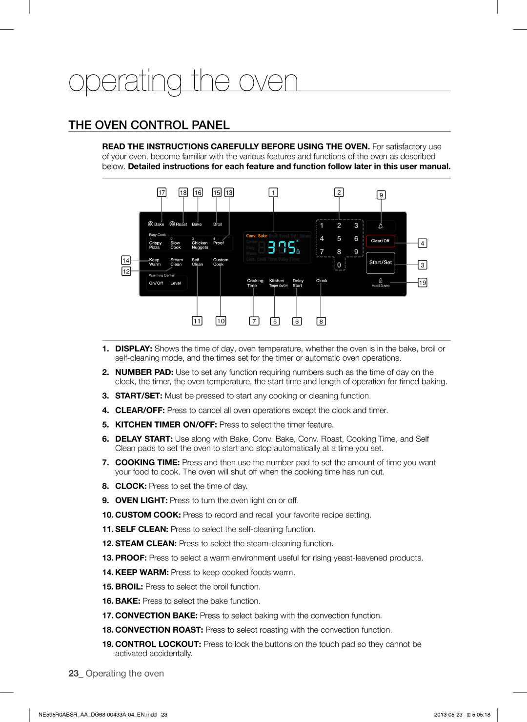 Samsung NE595R0ABWW, NE595R0ABBB, NE595N0PBSRAA, NE595R0ABSRAA user manual Operating the oven, Oven Control Panel 