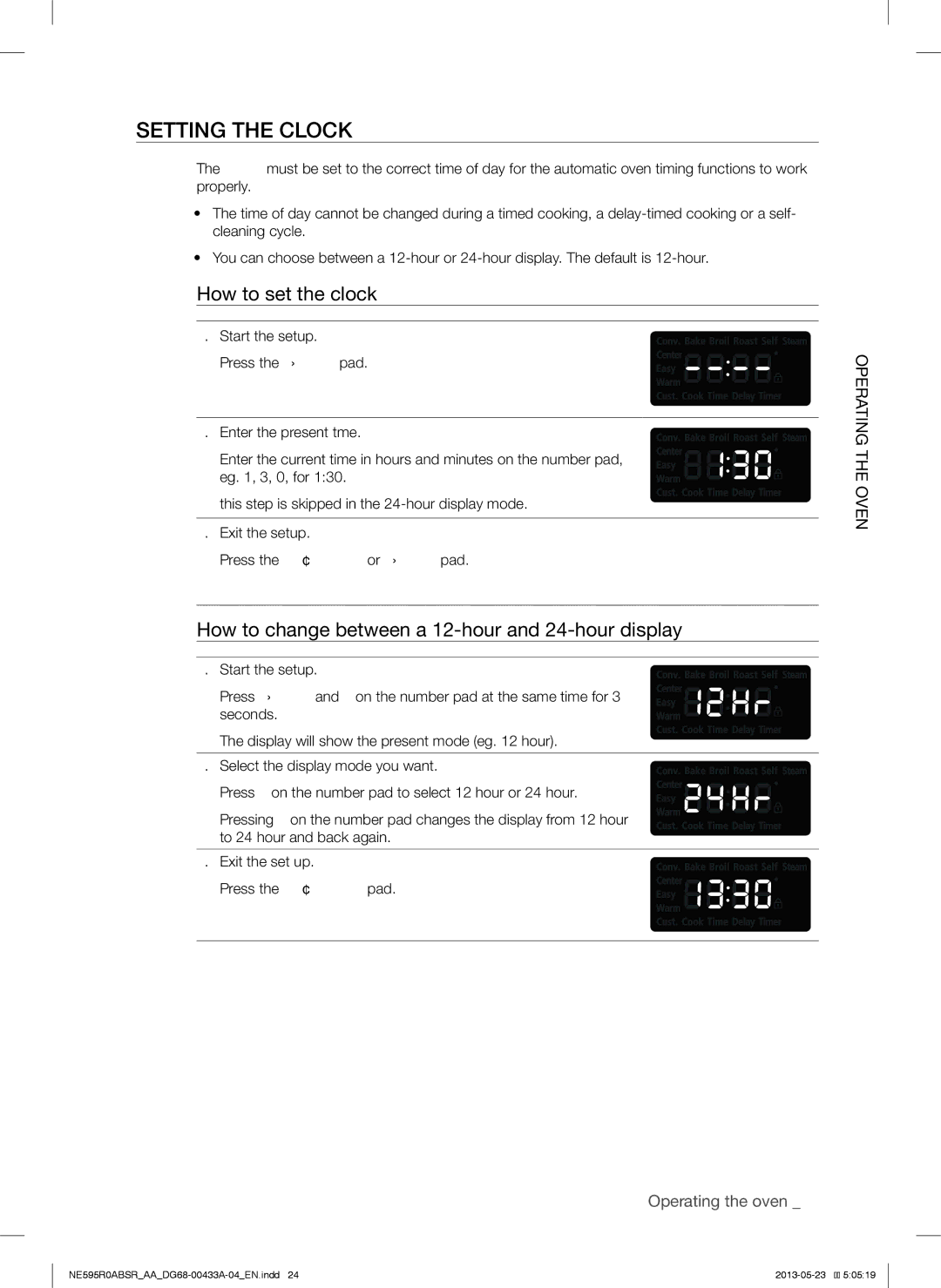 Samsung NE595R0ABWW Setting the Clock, How to set the clock, How to change between a 12-hour and 24-hour display 