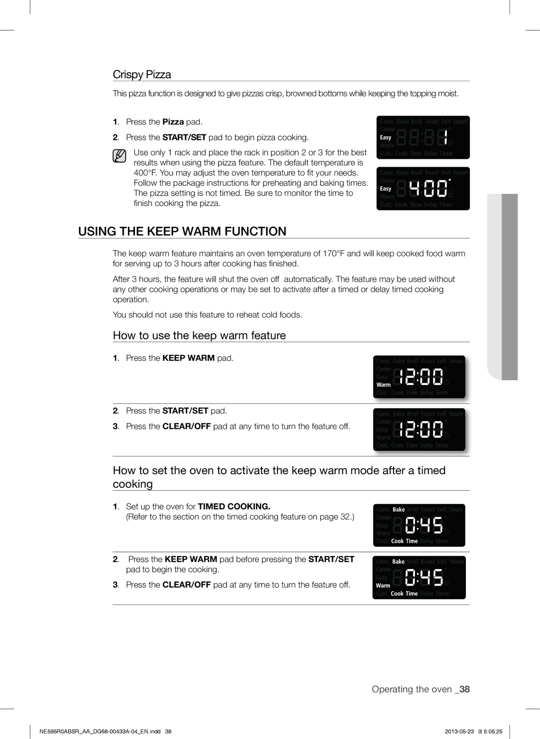 Samsung NE595R0ABSR, NE595R0ABWW, NE595R0ABBB Using the Keep Warm Function, Crispy Pizza, How to use the keep warm feature 