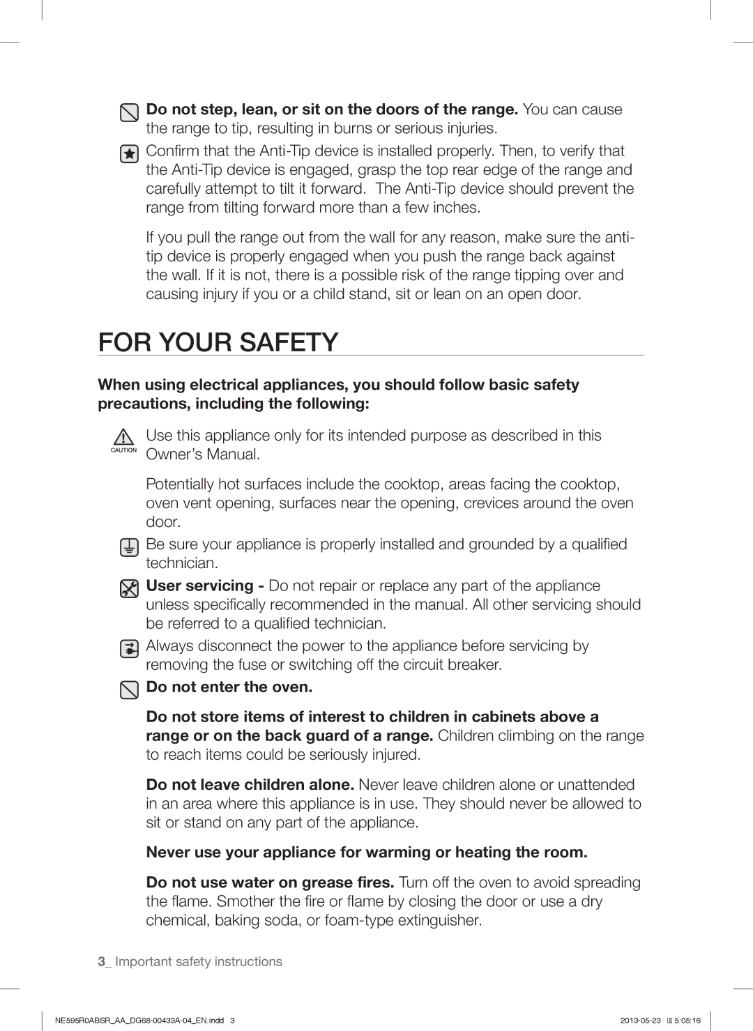 Samsung NE595R0ABWW, NE595R0ABBB, NE595N0PBSRAA, NE595R0ABSRAA user manual For Your Safety, Do not enter the oven 