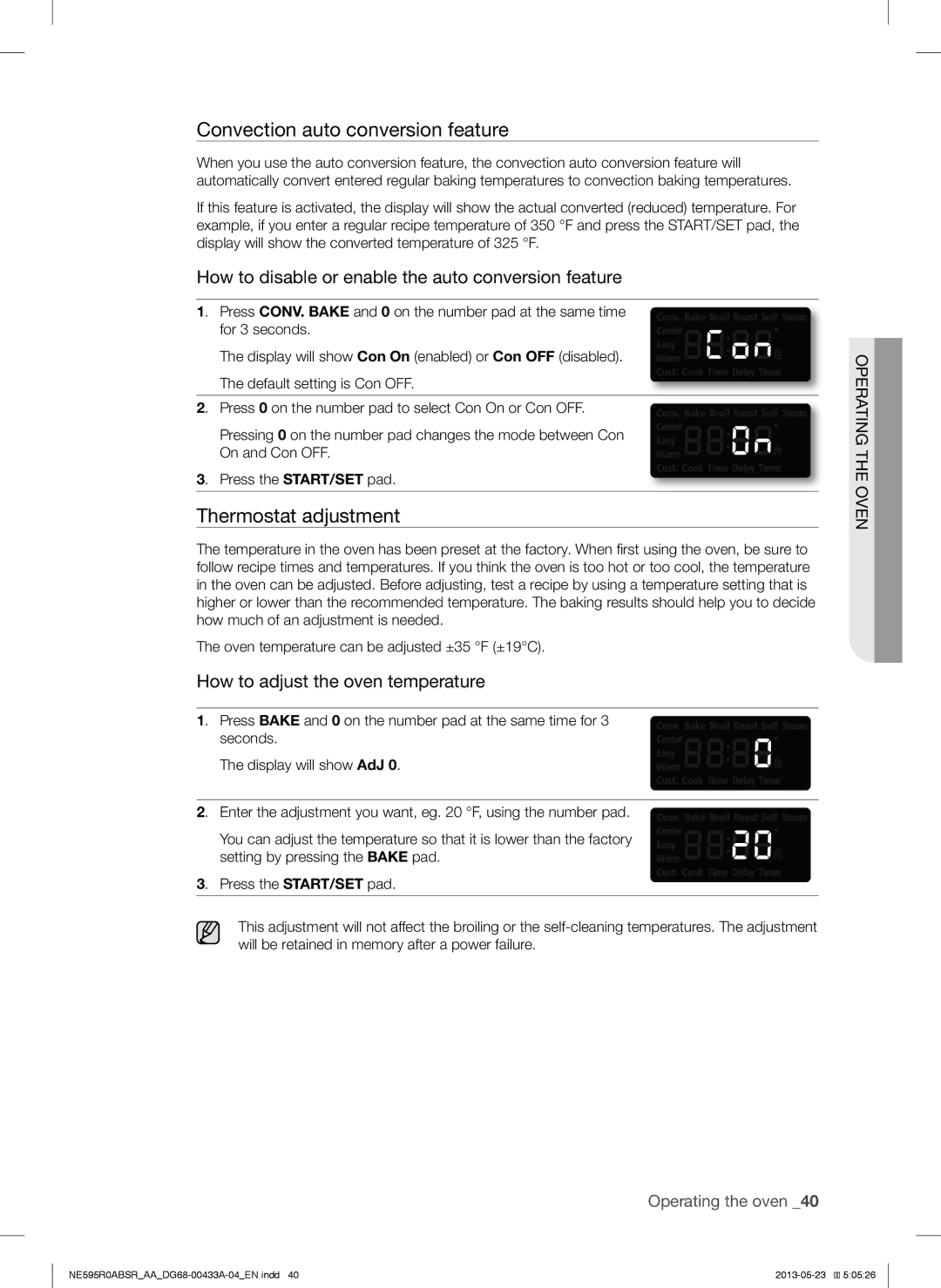 Samsung NE595R0ABBB, NE595R0ABWW, NE595N0PBSRAA, NE595R0ABSRAA Convection auto conversion feature, Thermostat adjustment 