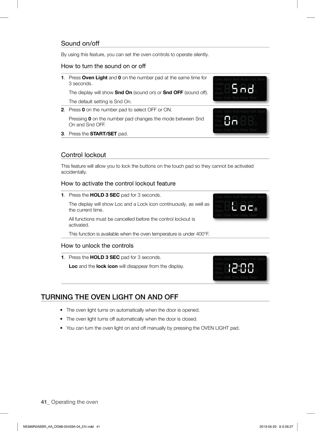 Samsung NE595N0PBSRAA, NE595R0ABWW, NE595R0ABBB user manual Turning the Oven Light on and OFF, Sound on/off, Control lockout 