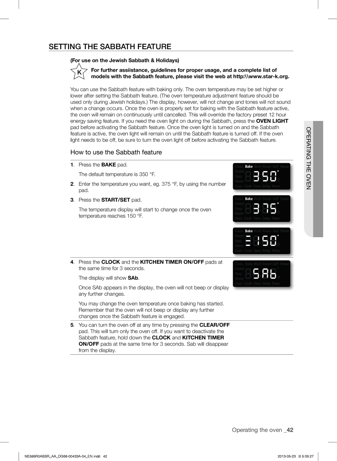 Samsung NE595R0ABSRAA, NE595R0ABWW, NE595R0ABBB Setting the Sabbath Feature, For use on the Jewish Sabbath & Holidays 