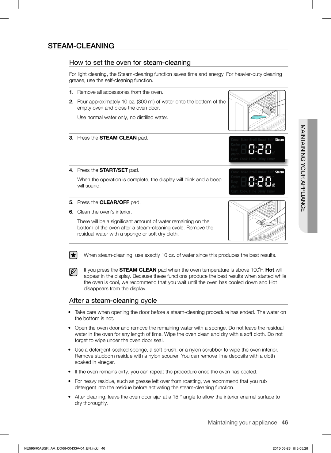 Samsung NE595N0PBSRAA, NE595R0ABWW Steam-Cleaning, How to set the oven for steam-cleaning, After a steam-cleaning cycle 