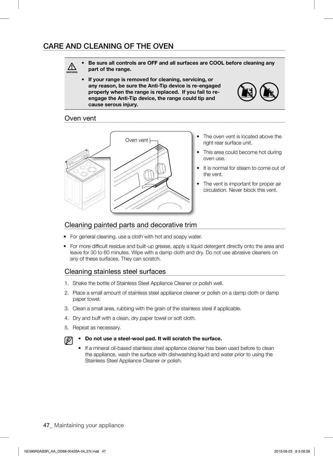 Samsung NE595R0ABSRAA, NE595R0ABWW Care and Cleaning of the Oven, Oven vent, Cleaning painted parts and decorative trim 